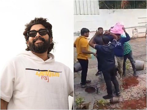 A collage with Allu Arjun in a white half-sleeved hoodie that says Pushpa Raj on the left. On the right is an image of protesters breaking flower pots and displaying placards outside Allu Arjun's house. A few flower pots lie broken on the group as the protesters raise slogans.