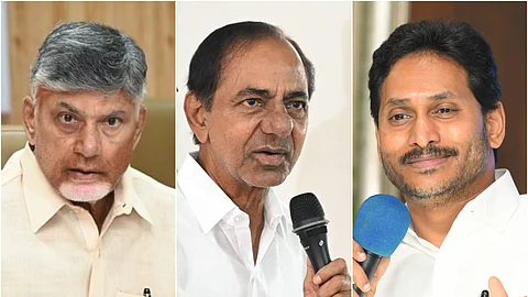 A collage of TDP chief Chandrababu Naidu, BRS chief K Chandrashekar Rao, and YSRCP chief YS Jagan Mohan Reddy. They are all wearing white shirts.