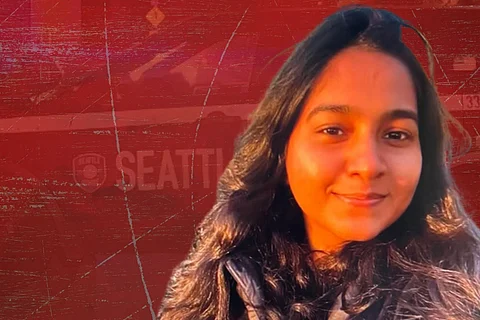 Jaahnavi Kandula before a red stylised background of a Seattle Police patrol car.