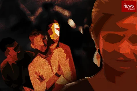 Abstract illustration of a group of men in warm tones against a dark background, with a woman’s partial silhouette.