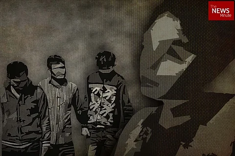 Abstract illustration of three men with masked faces on the left, and a distressed silhouette of a woman on the right