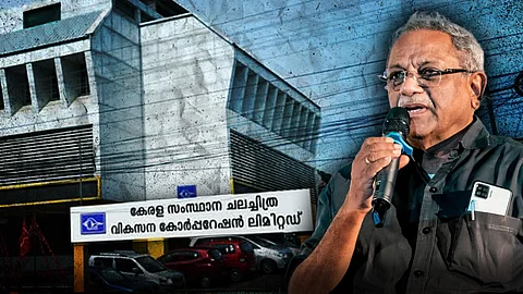 A man in a black shirt holding a microphone, set against a stylised collage featuring an image of the KSFDC premises in the background.