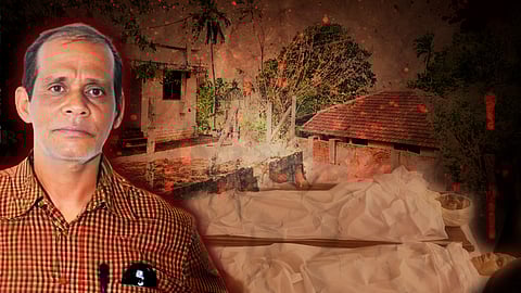 A serious-looking middle-aged man in the foreground. The background shows an old house and trees. Red glowing specks add an eerie tone. In the lower right corner, two covered bodies lie on wooden platforms, suggesting a crime or tragedy.