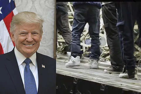The image is a collage. A portrait photo of US President Donald Trump is on the left. He is wearing a dark blue blazer, white shirt and blue tie. He also has metal US flag pinned to his lapel. There's a large US flag hanging in the background. He is smiling. On the right, undocumented Indian immigrants, shackled at the legs, can be seen boarding an aircraft.