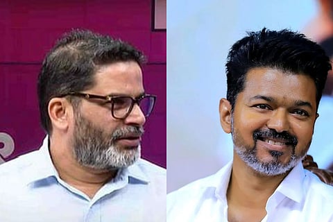 A collage. On the left: Prashant Kishore turning towards, wearing glasses and a white shirt. The background behind him is purple. On the right: Vijay, smiling, head tilted a little, wearing a white shirt. The background is mostly a light bluish grey.