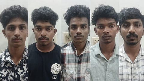A composite image of five young men against a plain white wall with neutral expressions. From left to right: Jeeva, Samuel, Rahul Raj, Rijil Jith, and Vivek.