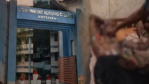 Entrance gate of Government Nursing College, Kottayam, featuring a blue archway with the institution's name displayed in bold white letters. On the right side, there is a blurred image related to a ragging incident.