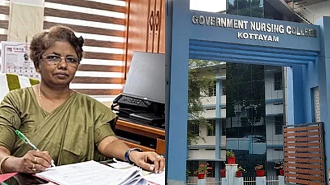 Images of Dr Sulekha AT at the left the entrance of Government Nursing College, Kottayam at the right.