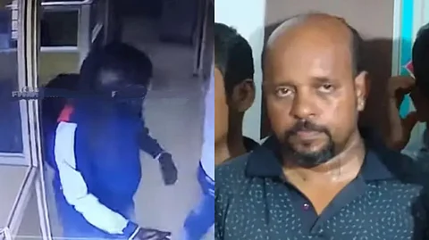 A split-screen image showing a hooded Rijo Antony in a security camera frame on the left and a he with a serious expression on the right.