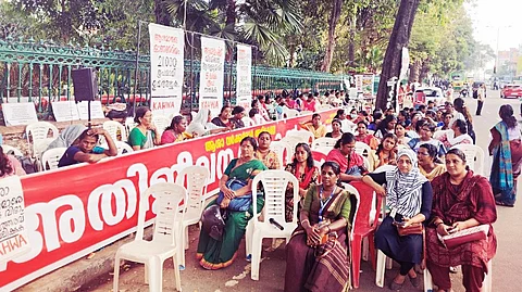 ASHAs on strike outside the Thiruvananthapuram secretariat in February, 2025