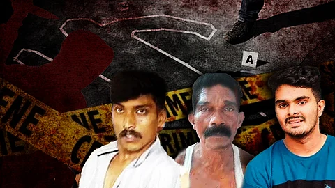 The image is a digitally edited crime-related collage. It features a crime scene background with a chalk outline of a body, crime scene tape, and a shadowy figure holding a weapon. Superimposed on this background are three portraits of accused men, Ashik, Benny and Afan, arranged prominently in the foreground. The overall color scheme and design suggest a news-style crime report.