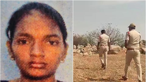 The image consists of two parts. On the left is a close-up, low-resolution photograph of murder victim Bharathi, a young woman with dark hair tied back, wearing earrings and a necklace. She has a serious expression on her face.
On the right, two uniformed police officers are walking on a dry, rocky field with scattered stones and bushes under a clear sky. They appear to be investigating the area.
This image seems related to a crime investigation involving the woman in the photograph.