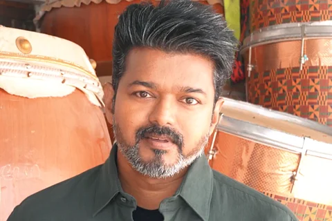 Actor-turned-politician Vijay in a grey shirt, addressing women of Tamil Nadu through a video on March 8, International Women's Day.