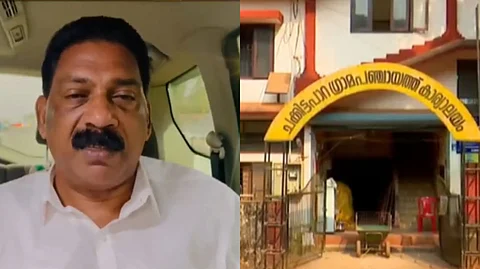 On the left side, there is Sunil, the Chakkittapara panchayat president wearing a white shirt, sitting inside a vehicle. On the right side, there is the entrance of a building with a yellow arch displaying Malayalam text that reads Chakkittapara Grama Panchayat Office.