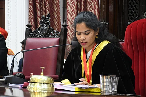Chennai Mayor R Priya seated on the Mayor's chair in the Corporation's council.