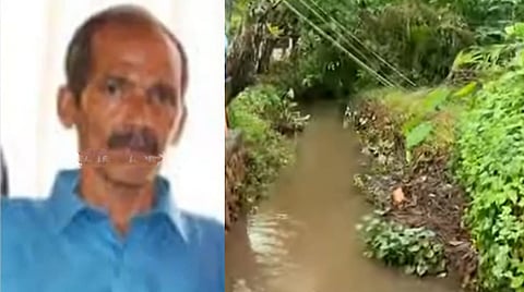 On the left, a photograph of Sasi, a middle-aged man wearing a blue shirt. On the right, an image of the drain in Kerala's Kozhikode, where he accidentally fell and died