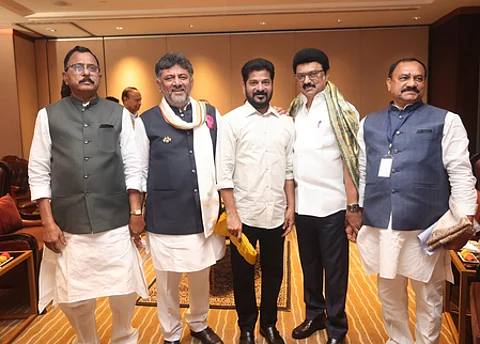 DK Shivakumar (second from left), Telangana CM Revanth Reddy, Tamil Nadu CM MK Stalin at the Joint Action Committee