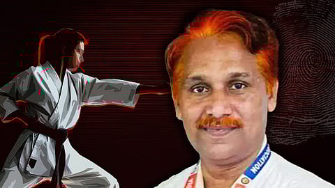 A composite digital image featuring a stylised illustration of a female martial artist in a white gi with a black belt, executing a punch. Next to her is a photograph of Sidheek Ali with short, reddish-orange hair and a mustache, wearing a white collared shirt and a lanyard with a badge.