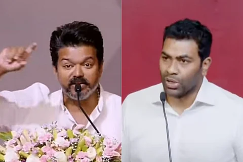 (L) Actor and TVK president Vijay (R) TVK campaign general secretary Aadhav Arjuna. Vijay is wearing a white shirt and speaking at a podium decorated with flowers. Aadhav is also in a white shirt and speaking at mic. The background behind him is red.