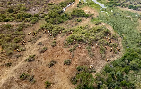 Aerial view of multiple bulldozers and excavators clearing a green landscape, removing trees and vegetation. The land appears to be in the early stages of deforestation or construction, with patches of greenery still standing amid cleared areas. A small water body and dense vegetation are visible in the background.