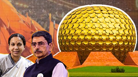 A digitally stylised picture of the Matrimandir of Auroville in the background and saffron flags on the other side. Secretary of Auroville Foundation Jayanti Ravi and Governor of Tamil Nadu RN Ravi in the foreground.