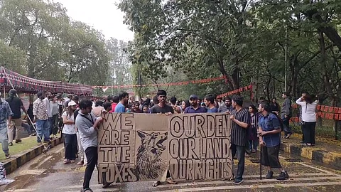 A group of people is gathered outdoors in a protest. Several individuals are holding a large cardboard sign with bold, hand-drawn lettering and an illustration of a fox. The sign reads:
"WE ARE THE FOXES"
"OUR DEN, OUR LAND, OUR RIGHTS"
The setting appears to be a university or public park, with trees, tents, and banners in the background. Many protesters are engaged in conversations, and some are looking at the sign. The atmosphere suggests activism, possibly related to land or student rights.