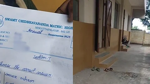 Menstruating student at Swamy Chidbhavanda Matriculation Higher Secondary School, sitting outside the classroom and writing her annual examination.