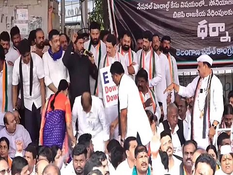 Telangana Congress leaders stage dharna at ED office in Hyderabad