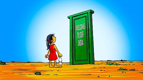An illustration of a little girl in a red dress standing outside a green door that says 'Welcome to ODF India'. The door leads nowhere, just open ground