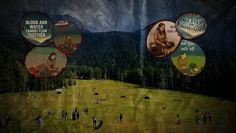 The Baisaran valley where the terror attack took place. AI enhanced images of scenes from the attack in bubbles on either side of the image