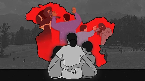 A stylised image of a mother sitting with her children on either side of her, their backs turned to the viewers. In the background is the map outline of Jammu and Kashmir and Ladakh, painted red, with images of militates shooting civilians.