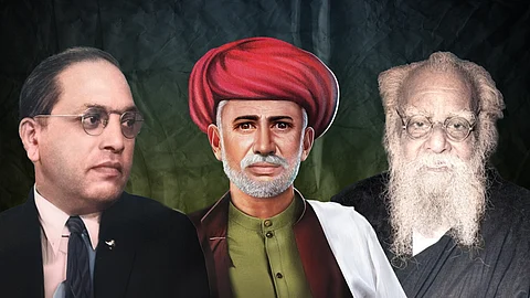 A digitally created collage featuring three prominent Indian social reformers. From left to right: Dr. B.R. Ambedkar in a suit and tie with round glasses; Jyotirao Phule in traditional attire with a red turban and white beard; and Periyar E.V. Ramasamy with a long white beard and round spectacles, dressed in dark robes. The background is a textured gradient of dark green and black.