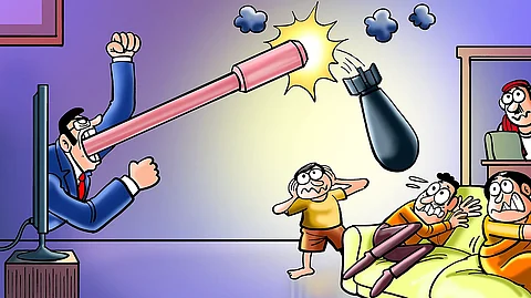 Image featuring illustration of an anchor shouting through a television while viewers cower on their couch.