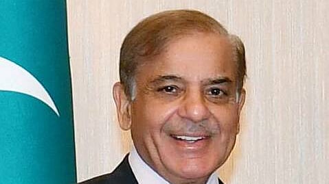 Pakistan Prime Minister Shehbaz Sharif smiling in a formal suit with a maroon polka dot tie, standing in front of a flag bearing the crescent and star symbol.