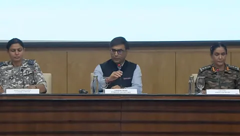 Commander Vyomika Singh, Col Sofiya Qureshi and Foreign Secretary Vikram Misri giving a briefing