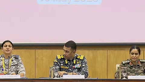 Image featuring Commandor Vyomika Singh, Raghu R Nair and Col Sofiya Qureshi giving media brief
