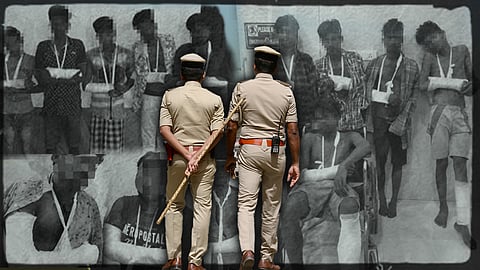 A stylised image. Two policemen with their backs turned to the camera in the foreground. Suspects with their arms in slings and plaster of Paris in the background