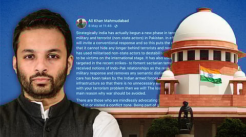 Portrait of Ali Khan Mahmudabad beside a screenshot of his Facebook post dated May 8 about Operation Sindoor, with the Indian Supreme Court building and national flag in the background.