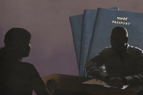The image shows a dark, silhouetted scene of two individuals sitting across from each other at a table, likely in a formal or official setting, such as an interview or interrogation. The background features an enlarged visual of Indian passports, identifiable by the Hindi script and English word "PASSPORT" on the cover. The lighting and shadowing create a serious and possibly tense atmosphere, suggesting themes related to immigration, identity verification, or official documentation.