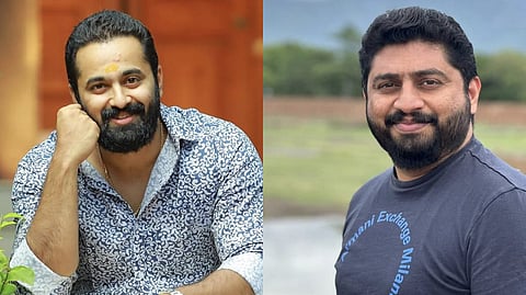Side-by-side portrait of two men: on the left, Unni Mukundan with a thick beard and tied-back hair, wearing a patterned shirt on the right, Vipin Kumar with short curly hair and a beard, wearing a dark T-shirt.