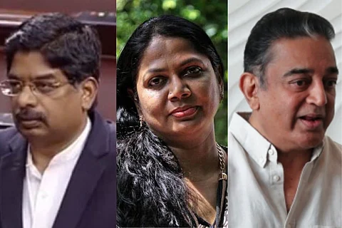 A collage of incumbent Raja Sabha MP P Wilson in Parliament, poet and writer Salma in front of a blurred trees, actor and MNM president Kamal Hassan in a white shirt, in front of a white background.