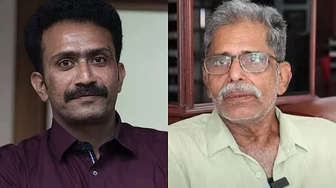 Side-by-side image of Malayalam actor Shine Tom Chacko wearing a maroon shirt, and his father CP Chacko wearing glasses and a light green shirt.