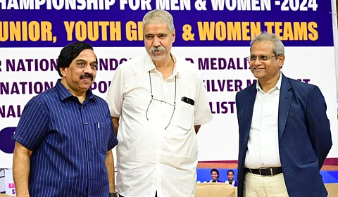 K Govindaraj with A Shankar, KSCA Secretary and B Dayananda at an event in December 2024.