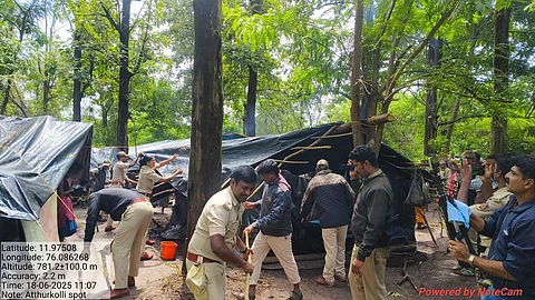 Forest Department officials and police demolished makeshift huts of 52 Jenu Kuruba tribal families at their ancestral village Karadikallu Atturkolli inside the Nagarahole Tiger Reserve.