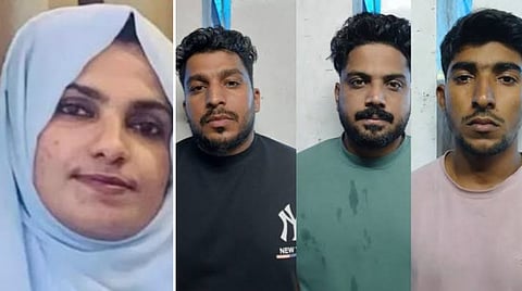 A collage showing Razeena, a woman in a light blue hijab, alongside three men who have been arrested in connection with her suicide in Kannur.