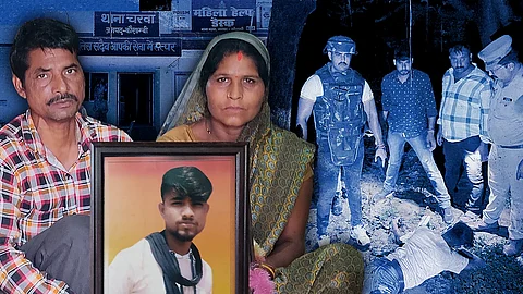 A collage of Vijay's parents holding his framed photo and cops standing around a body