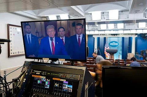 President Donald Trump is seen on a monitor in the White House press briefing room on June 21, 2025, after the U.S. military strike on three sites in Iran. AP Photo/Alex Brandon