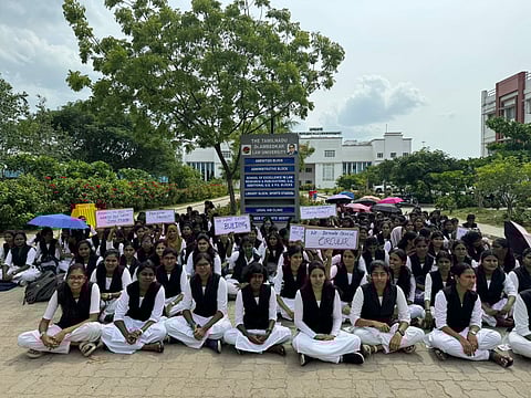 students staged a peaceful protest in front of the Tamil Nadu Dr Ambedkar Law University