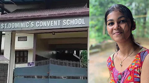 Composite image showing (left) the entrance of St. Dominic’s Convent School in Palakkad, Kerala, with the school nameboard visible above a closed gate; and (right) Aasir Nanda in a colourful dress smiling slightly, standing outdoors with greenery in the background.