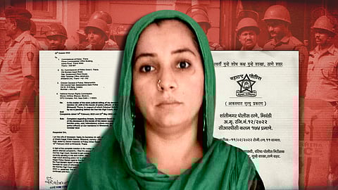 Stylised image. Saiba Jafri in the foreground. A Hindi document behind her. Further in the background, an image of cops in a red tone